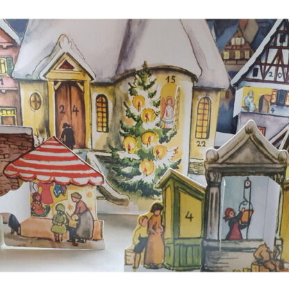 Adventskalender 3D Schneebedeckte Stadt mit Fachwerkhäusern