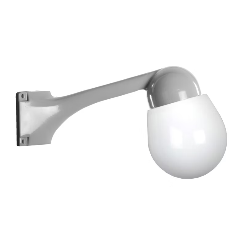 Funkis Hörn 80 Grå är en vägglampa för hörnmontage, tillverkad i aluminium och utrustad med en päronformad opal glaskupa