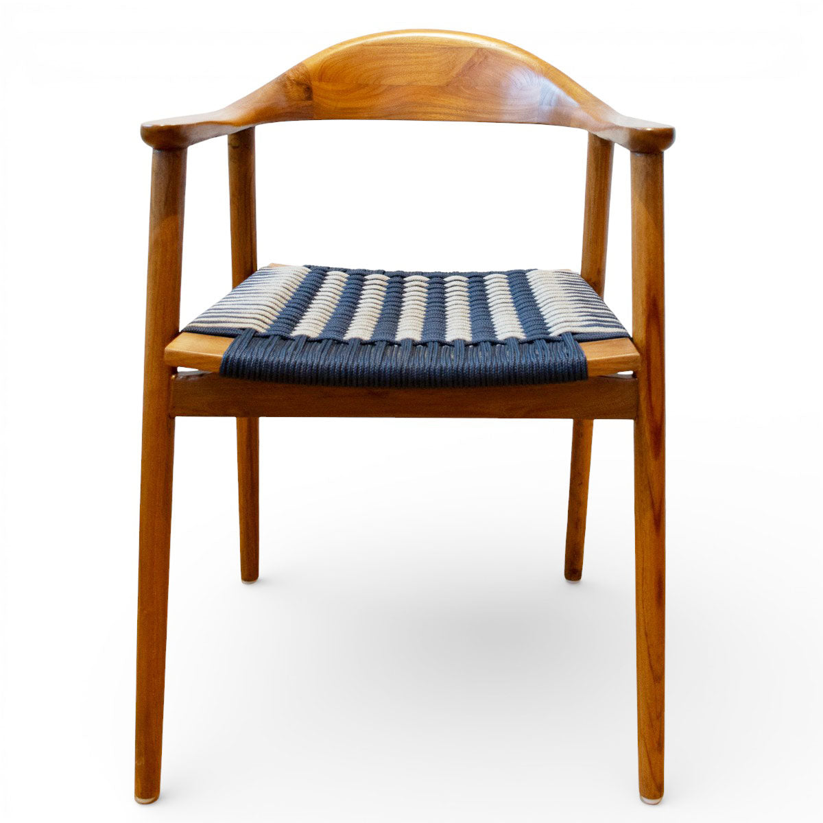 Sessel Jessie aus Teakholz, Sitzfläche aus Korbgeflecht, blau/grau