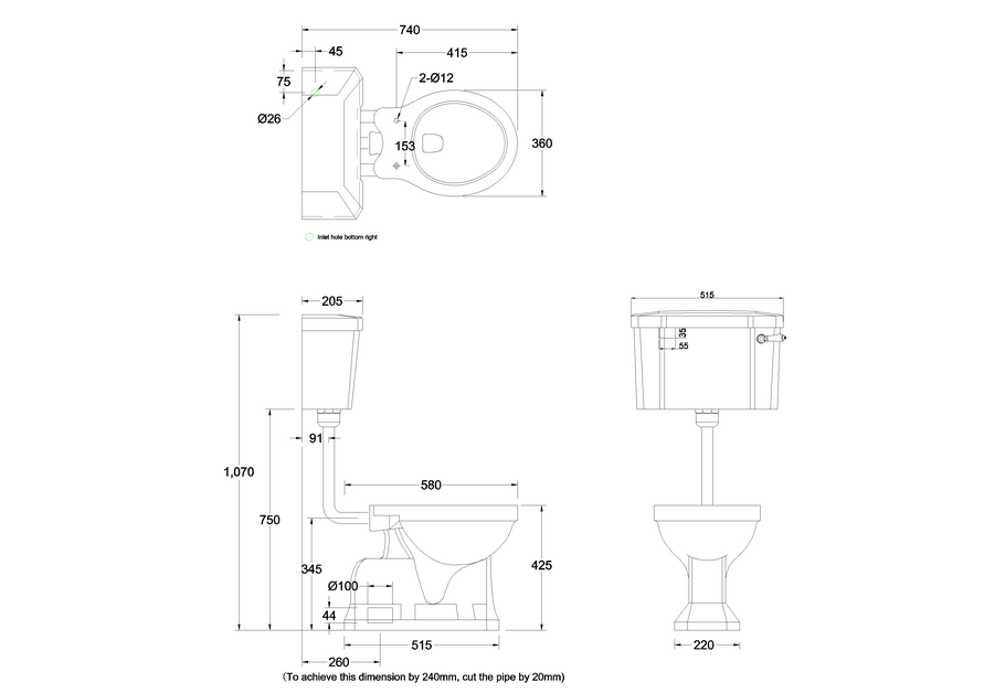 Burlington lågspolande WC med väggmonterad cistern vit/krom s-lås
