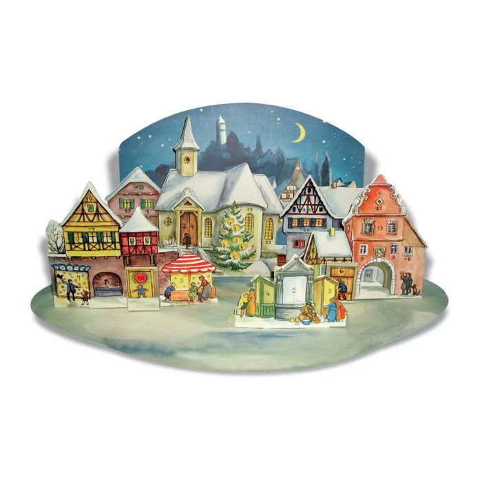 Adventskalender 3D Schneebedeckte Stadt mit Fachwerkhäusern