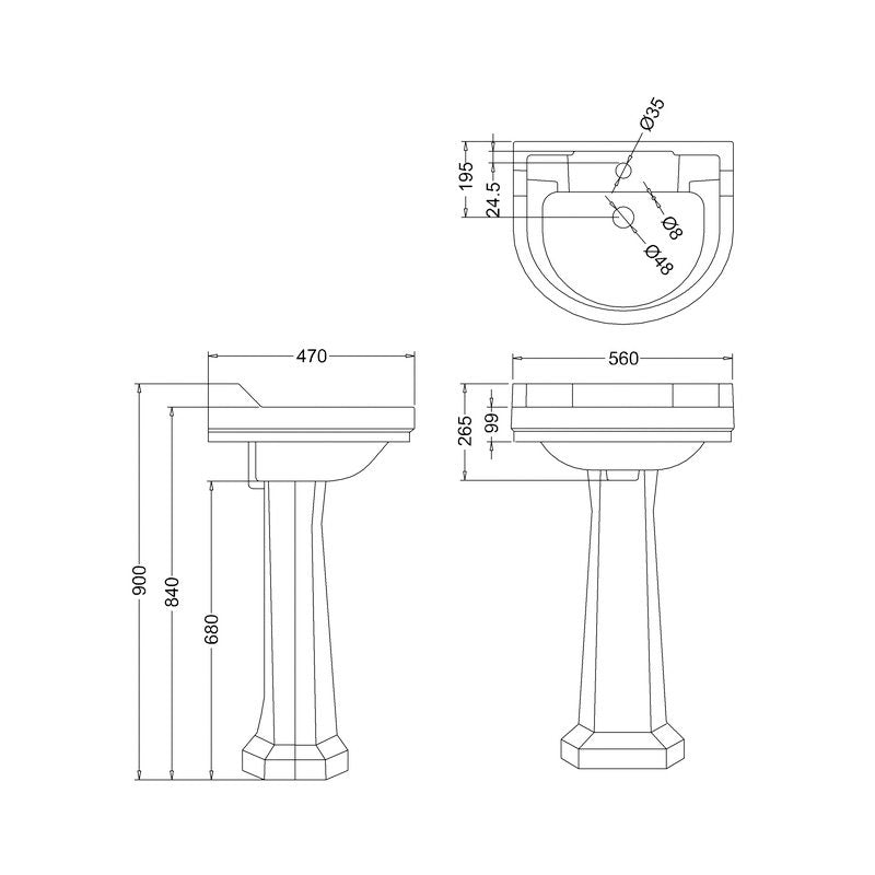Burlington abgerundetes Edwardian Waschbecken 56 cm auf Sockel