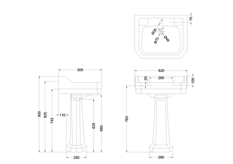 Burlington Edwardian Waschbecken 61 mm auf Sockel