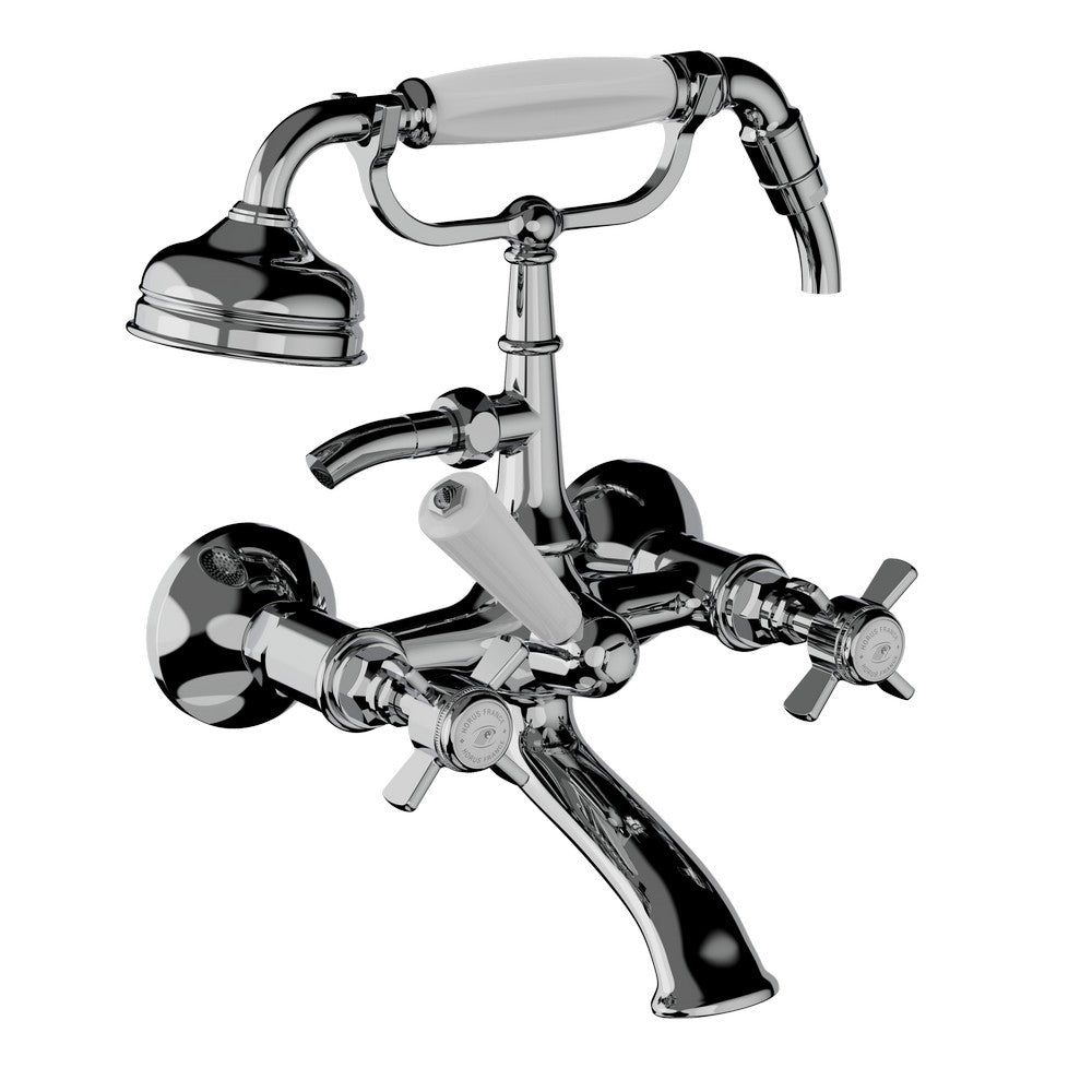 badkarsblandare med handdusch i krom med vita detaljer i porslin