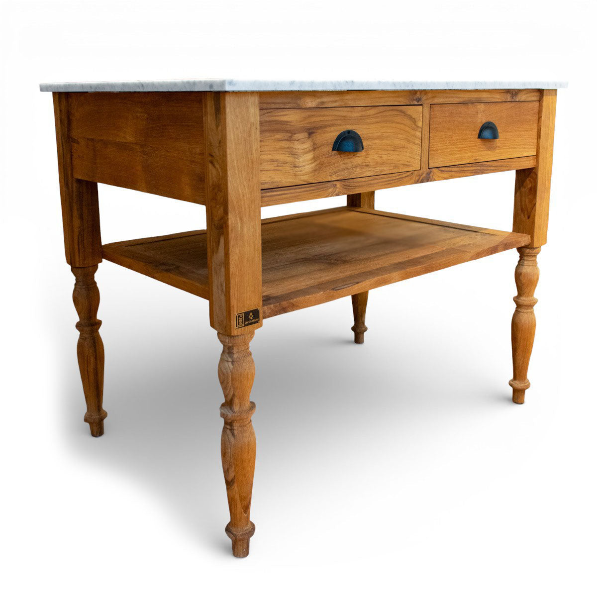 Kücheninsel Edith aus Teak mit Marmorplatte