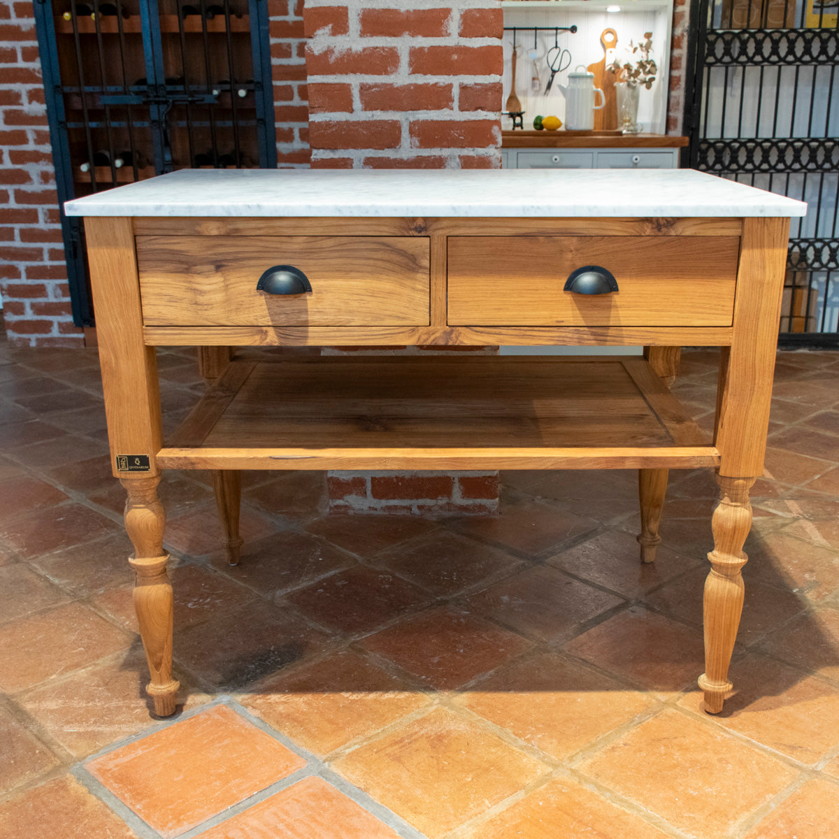 Kücheninsel Edith aus Teak mit Marmorplatte