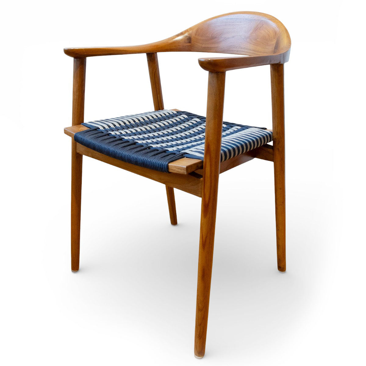 Sessel Jessie aus Teakholz, Sitzfläche aus Korbgeflecht, blau/grau